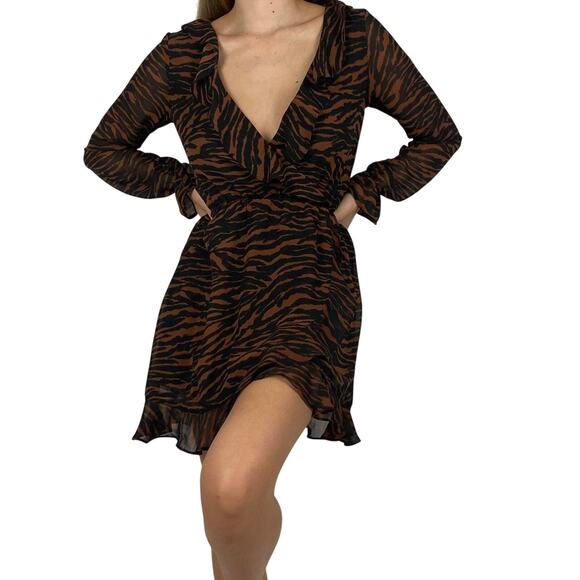 H&M Divided Women’s Animal Print Ruffle Wrap Dress Polyester Brown Black Size 4 - Picture 1 of 15